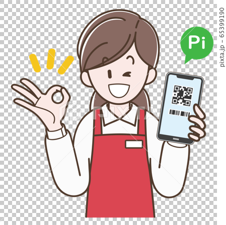 スマホ決済の案内をするエプロンの女性 65399190