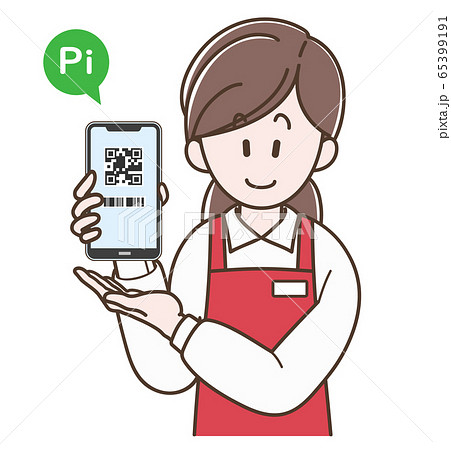 スマホ決済の案内をするエプロンの女性 65399191
