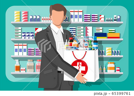 Man holding drugstore bag in front of pharmacy Man holding drugstore bag in front of pharmacy 65399761