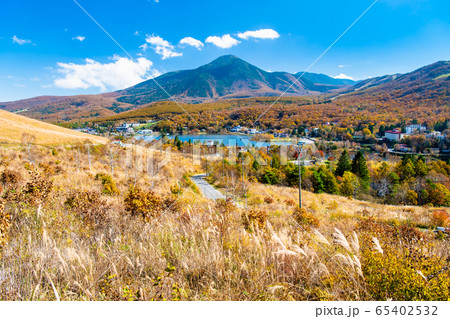 長野県 白樺高原 紅葉に染まる白樺湖と蓼科山 長野県 白樺高原 紅葉に染まる白樺湖と蓼科山 65402532