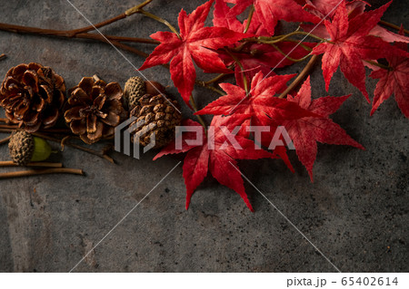 Artificial red maple leaves on dark stone 65402614