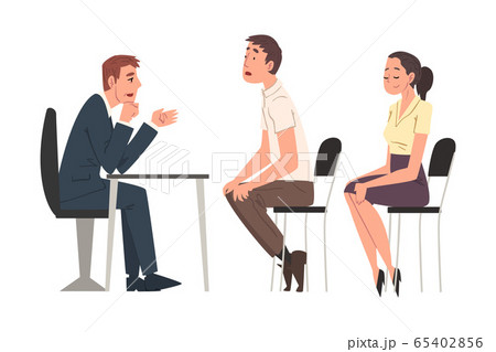 HR Managers Interviewing Candidates, Young Man and Woman Having Job Interview at Headhunting Agency, Business Meeting, Recruitment and Employment Process Vector Illustration HR Managers Interviewing Candidates, Young Man and Woman Having Job Interview at Headhunting Agency, Business Meeting, Recruitment and Employment Process Vector Illustration 65402856