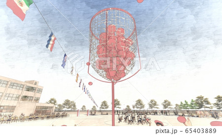 学校　運動会　玉入れ　観客有り　建物有り　イラスト10 65403889