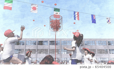 学校　運動会　玉入れ　観客有り　建物有り　イラスト8 65404500