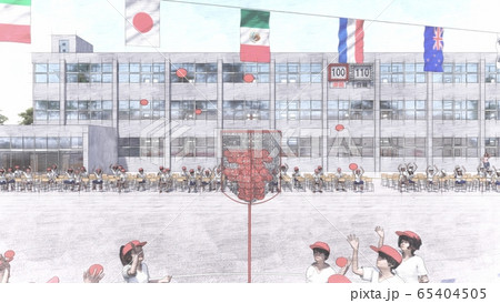 学校　運動会　玉入れ　観客有り　建物有り　イラスト4 65404505