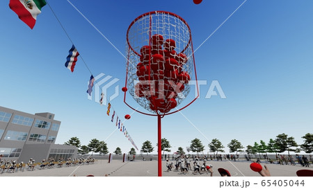 学校　運動会　玉入れ　観客有り　建物有り　イラスト10 65405044