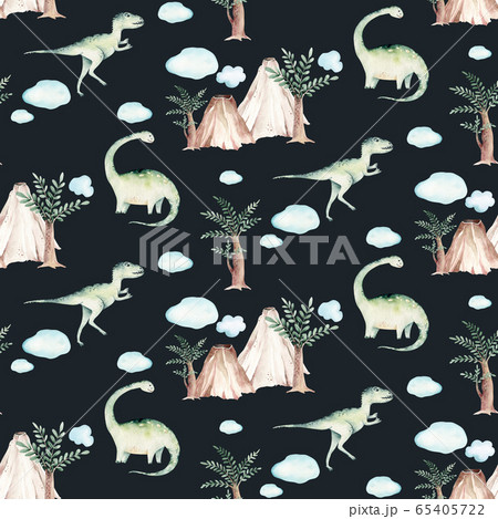 Cute cartoon baby dinosaurs seamless pattern watercolor paper, hand painted dino background texture Jurassic Park . Rex children funny art 65405722