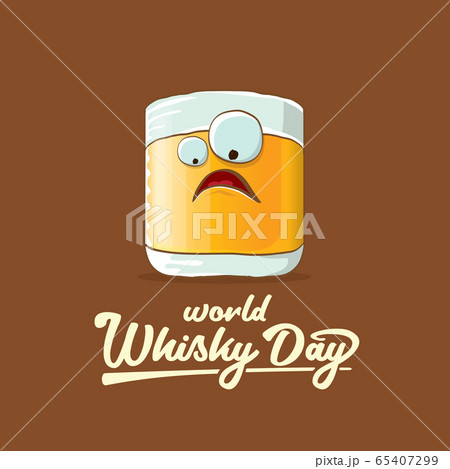 World Whisky Day banner with vector funny cartoon smiling whiskey glass character isolated on brown backgound. whiskey day vector concept illustration. funky hipster alcohol character label World Whisky Day banner with vector funny cartoon smiling whiskey glass character isolated on brown backgound. whiskey day vector concept illustration. funky hipster alcohol character label 65407299