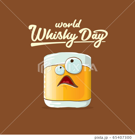 World Whisky Day banner with vector funny cartoon smiling whiskey glass character isolated on brown backgound. whiskey day vector concept illustration. funky hipster alcohol character label World Whisky Day banner with vector funny cartoon smiling whiskey glass character isolated on brown backgound. whiskey day vector concept illustration. funky hipster alcohol character label 65407300