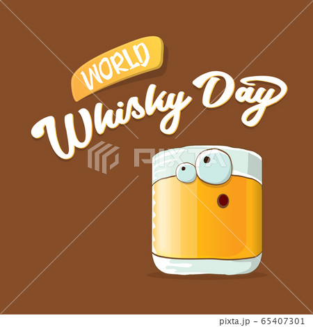 World Whisky Day banner with vector funny cartoon smiling whiskey glass character isolated on brown backgound. whiskey day vector concept illustration. funky hipster alcohol character label World Whisky Day banner with vector funny cartoon smiling whiskey glass character isolated on brown backgound. whiskey day vector concept illustration. funky hipster alcohol character label 65407301