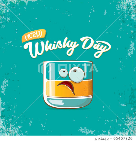 World Whisky Day banner with vector funny cartoon smiling whiskey glass character isolated on grunge backgound. whiskey day vector concept illustration. funky hipster alcohol character label World Whisky Day banner with vector funny cartoon smiling whiskey glass character isolated on grunge backgound. whiskey day vector concept illustration. funky hipster alcohol character label 65407326