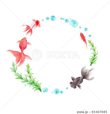 金魚と水草の水彩イラストで装飾した円形フレームのイラスト素材