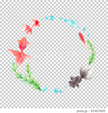 金魚と水草の水彩イラストで装飾した円形フレームのイラスト素材 