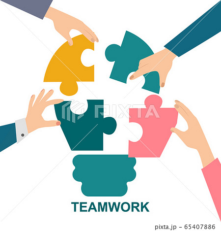 Teamwork and innovation. People's hands making light bulb from puzzle pieces. Vector illustration in flat style 65407886