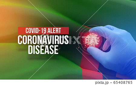 COVID-19 alert, coronavirus disease - letter typography text. Medical virus molecular concept with flag of Zambia. 3D illustration. COVID-19 alert, coronavirus disease - letter typography text. Medical virus molecular concept with flag of Zambia. 3D illustration. 65408765