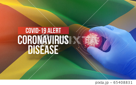 COVID-19 alert, coronavirus disease - letter typography text. Medical virus molecular concept with flag of Jamaica. 3D illustration. 65408831