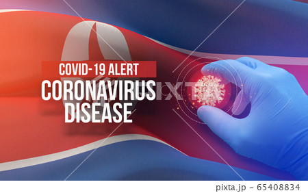 COVID-19 alert, coronavirus disease - letter typography text. Medical virus molecular concept with flag of North Korea. 3D illustration. 65408834