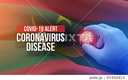 COVID-19 alert, coronavirus disease - letter typography text. Medical virus molecular concept with flag of Mauritania. 3D illustration. COVID-19 alert, coronavirus disease - letter typography text. Medical virus molecular concept with flag of Mauritania. 3D illustration. 65408924