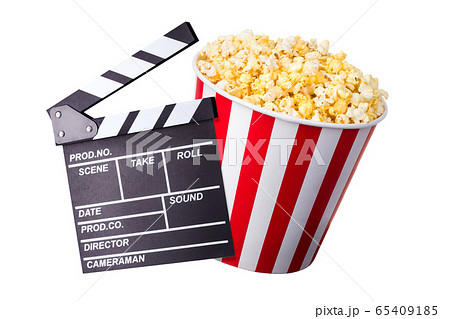 Flying popcorn and film clapper board isolated on white background Flying popcorn and film clapper board isolated on white background 65409185