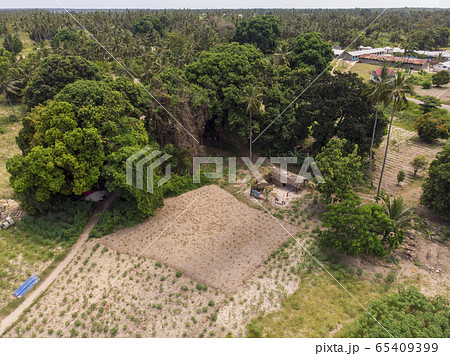 Traditional Basic African Farmers Hut. Aerial view of Pemba Island, Zanzibar. Tanzania. Africa 65409399