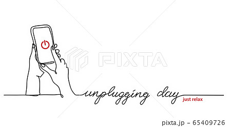 Unplugging day simple vector illustration, web banner, background. Hands turn off the phone. One continuous line drawing background Unplugging day simple vector illustration, web banner, background. Hands turn off the phone. One continuous line drawing background 65409726
