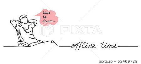 Offline time simple vector illustration ,web banner, background. Man sits in chair in relaxing pose and dreams. One continuous line drawing banner Offline time simple vector illustration ,web banner, background. Man sits in chair in relaxing pose and dreams. One continuous line drawing banner 65409728