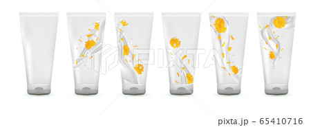 Collection calendula cream in tube. Milk splash with flower marigold. Cosmetic product. Realistic calendula. 3d illustration 65410716