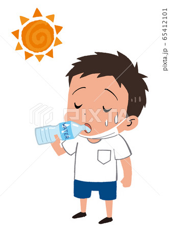 イラスト素材：水を飲む男の子　マスク　子供　熱中症対策 65412101