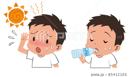 イラスト素材：水を飲む男の子　子供　熱中症 65412103
