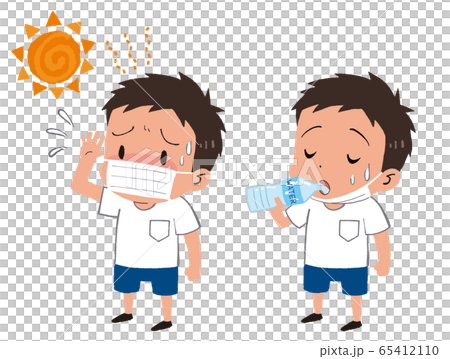 イラスト素材：水を飲む男の子　マスク　子供　熱中症対策 65412110