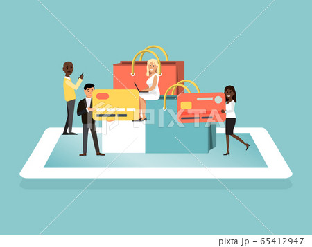 Online shopping, banking card internet purchase, tiny character people male female use gadget for buying item, flat vector illustration. 65412947