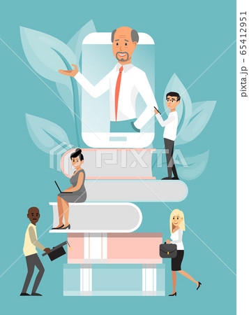 Online education, book stack with tiny character male female isolated on blue, flat vector illustration. Training business school. 65412951