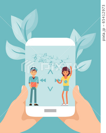 Online mobile music, hand hold mobile gadget, tiny character people dance flat vector illustration. Modern musical accompaniment. 65412973
