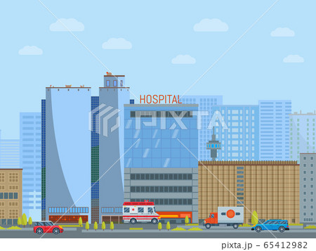 Urban city hospital concept megalopolis street flat vector illustration. Clinical medical institution ambulance car, town background. 65412982