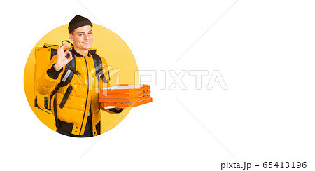 Emotions of deliveryman isolated on bright bicolor background with geometric style. Flyer with copyspace. 65413196
