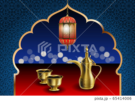 Ramadan iftar party food vector illustration. Traditional eastern dallah coffee pot with two cups of bitter coffee Khaleeji and arabic lantern. Oriental arch and ornament. Ramadan iftar party food vector illustration. Traditional eastern dallah coffee pot with two cups of bitter coffee Khaleeji and arabic lantern. Oriental arch and ornament. 65414006