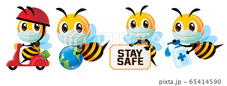 Cartoon cute bee global health awareness against virus in set. Cute bee wearing protective face mask for delivery, holding globe, holding stay safe signage, holding hand sanitizer - vector character 65414590