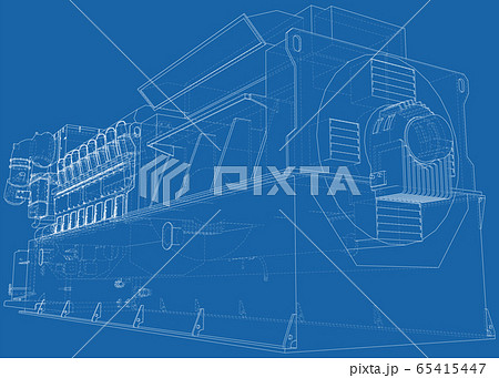 Gas-engine. Gas engine is an internal combustion engine which runs on a gas fuel. Wire-frame line isolated on white. Vector rendering of 3d 65415447