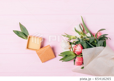 Flat lay composition small open empty gift box Flat lay composition small open empty gift box 65416265