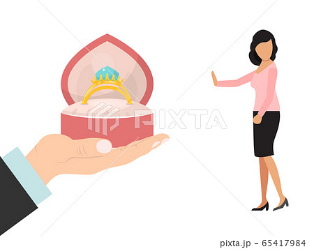 Male hand hold wedding ring red box, female character say no engagement proposal isolated on white, flat vector illustration. 65417984