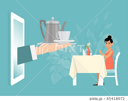 Woman character setting restaurant table, online delivery food service flat vector illustration. Male waiter hand hold tea set. 65418072