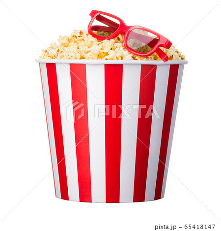 Paper striped bucket with popcorn and 3D glasses isolated on white background 65418147