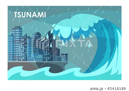 Tsunami covering city buildings flat illustration 65418189