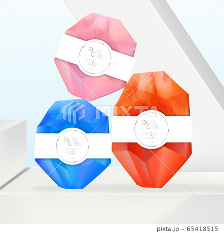 Vector Vibrant Semi Transparent Crystal Soap with Marble Pattern Infused. White Wrap Around Sleeve, Holographic Printed. Minimal Geometric Sky Blue Background. 65418515