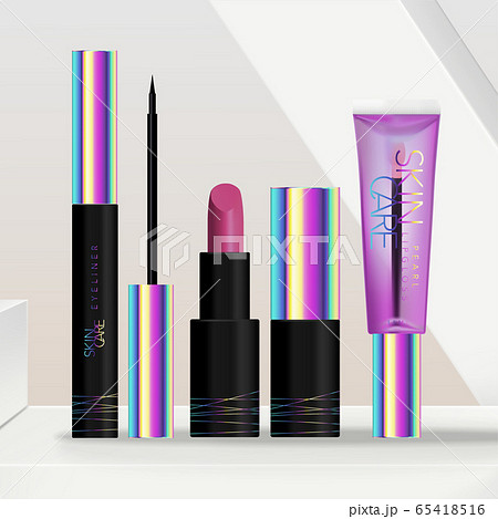 Vector Dark or Black Holographic Skincare or Beauty Cosmetics Make-up Packaging Set with Lipstick, Lip Gloss Tube and Eyeliner Packing. Minimal Geometric Platform Background. 65418516