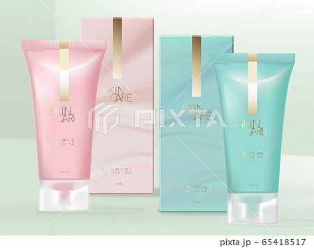 Vector Rose & Turquoise Color Beauty Tube Packaging with Semi Transparent Frosted Plastic Screw Cap. Marble Pattern Carton Box. 65418517