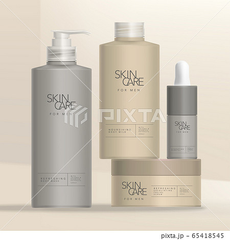 Vector Mens Toiletries & Skincare Set with Dropper Bottle, Screw Cap Bottle , Pump Bottle & Jar Packaging 65418545