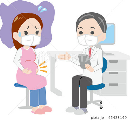 マスクをして不安な様子で診察を受ける妊婦のイラスト素材