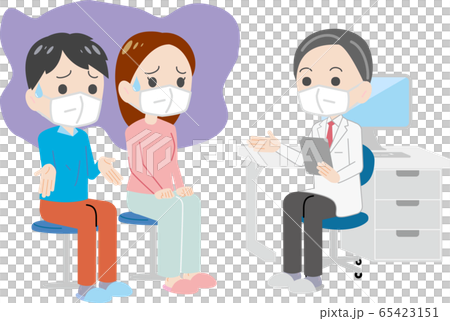 マスクをして不安な様子で診察を受ける夫婦のイラスト素材