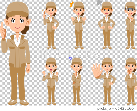作業着の女性の9種類の表情 65423160